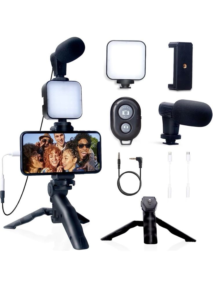 Content Creator Vlogging Kit – Microphone, LED Light & Tripod Set